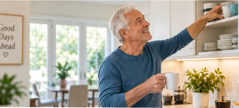 An older gentleman comfortably reaching for a cup in his bright home kitchen