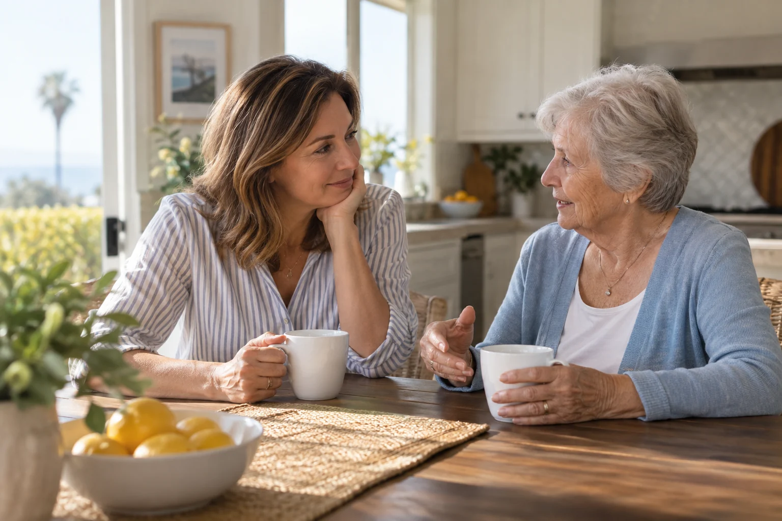 Adult daughter listening to her older mother over coffee at home.