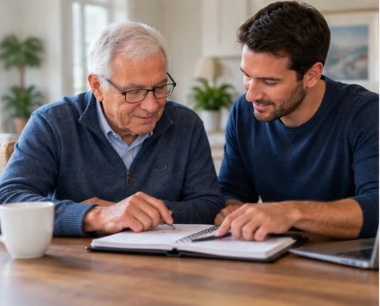 Older father and adult son reviewing a planner together at home.