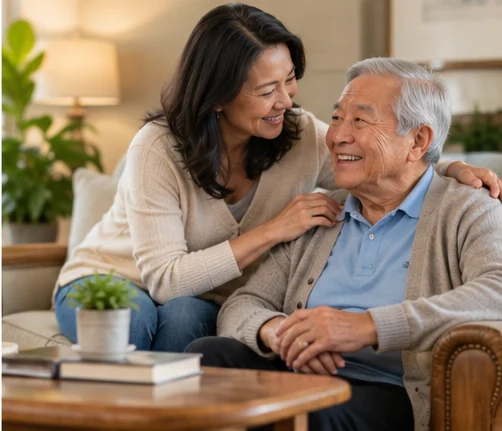 Older Asian father and adult daughter sharing a conversation at home.