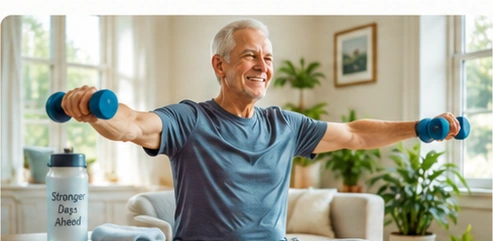 An active older gentleman exercising with hand weights at home