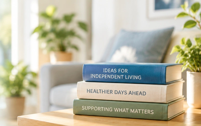 A stack of books about independent living beside indoor greenery