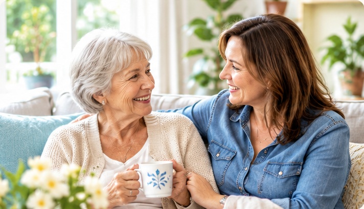Older mother smiling with her adult daughter at home